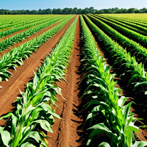 Home 11 **A vibrant intercropping scene:** Capture a lush field showcasing the intercropping system. Rows of corn stand tall, interspersed with leguminous plants like beans, enriching the soil. Focus on the biodiversity and healthy soil, highlighting sustainable agriculture. Include natural sunlight and a clear blue sky to give a sense of hope and productivity.