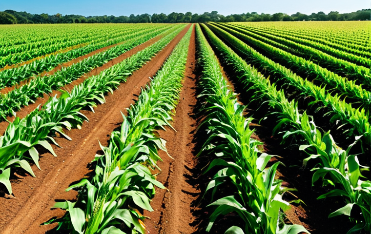 **A vibrant intercropping scene:** Capture a lush field showcasing the intercropping system. Rows of corn stand tall, interspersed with leguminous plants like beans, enriching the soil. Focus on the biodiversity and healthy soil, highlighting sustainable agriculture. Include natural sunlight and a clear blue sky to give a sense of hope and productivity.