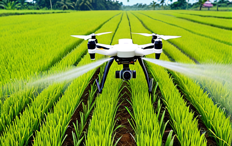 **Drone spraying pesticide on paddy field in Sekinchan, Malaysia.** (Focus on modern agriculture in a Malaysian setting).