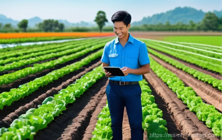 농업 기술의 지속 가능성 평가 - **Precision Irrigation in a Modern Malaysian Vegetable Farm**
    A bright, sunny outdoor scene depi...