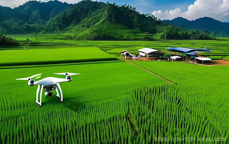 농업 기술의 지속 가능성 평가 - **Precision Irrigation in a Modern Malaysian Vegetable Farm**
    A bright, sunny outdoor scene depi...