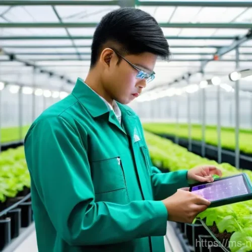 Home 23 스마트 온실 기술의 적용 사례 - **Prompt 1: Inside a High-Tech Malaysian Smart Greenhouse**
"A clean, brightly lit interior of a...