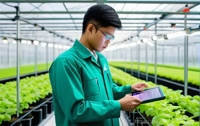 스마트 온실 기술의 적용 사례 - **Prompt 1: Inside a High-Tech Malaysian Smart Greenhouse**
"A clean, brightly lit interior of a...