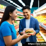 대체 식량 대중화의 기회와 도전 - **"A vibrant and bustling scene inside a modern Malaysian hypermarket, such as AEON or Jaya Grocer. ...