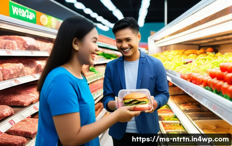 대체 식량 대중화의 기회와 도전 - **"A vibrant and bustling scene inside a modern Malaysian hypermarket, such as AEON or Jaya Grocer. ...